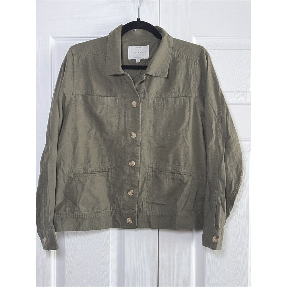 Lucky Brand Utility Field Jacket Womens Size M Olive Green Safari Linen Blend
